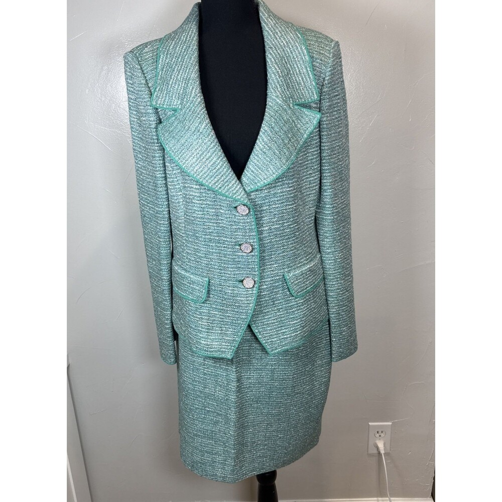 St. John Suit Set Green Tweed Blazer Sz 12 and Skirt Sz 10 Quiet Luxury Dog Show - Picture 5 of 16